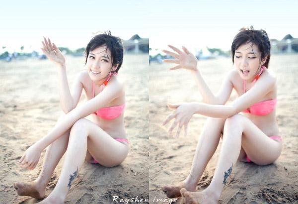 粉色比基尼萌妹子海边清纯写真