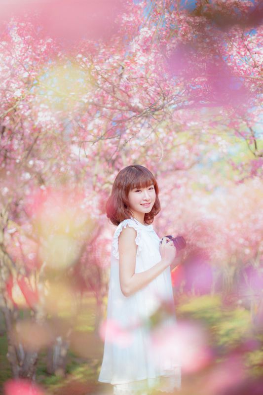 桃花树下的清纯女生貌美如花