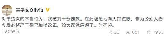 王子文对高铁踩桌板行为致歉：严于律己加以改正